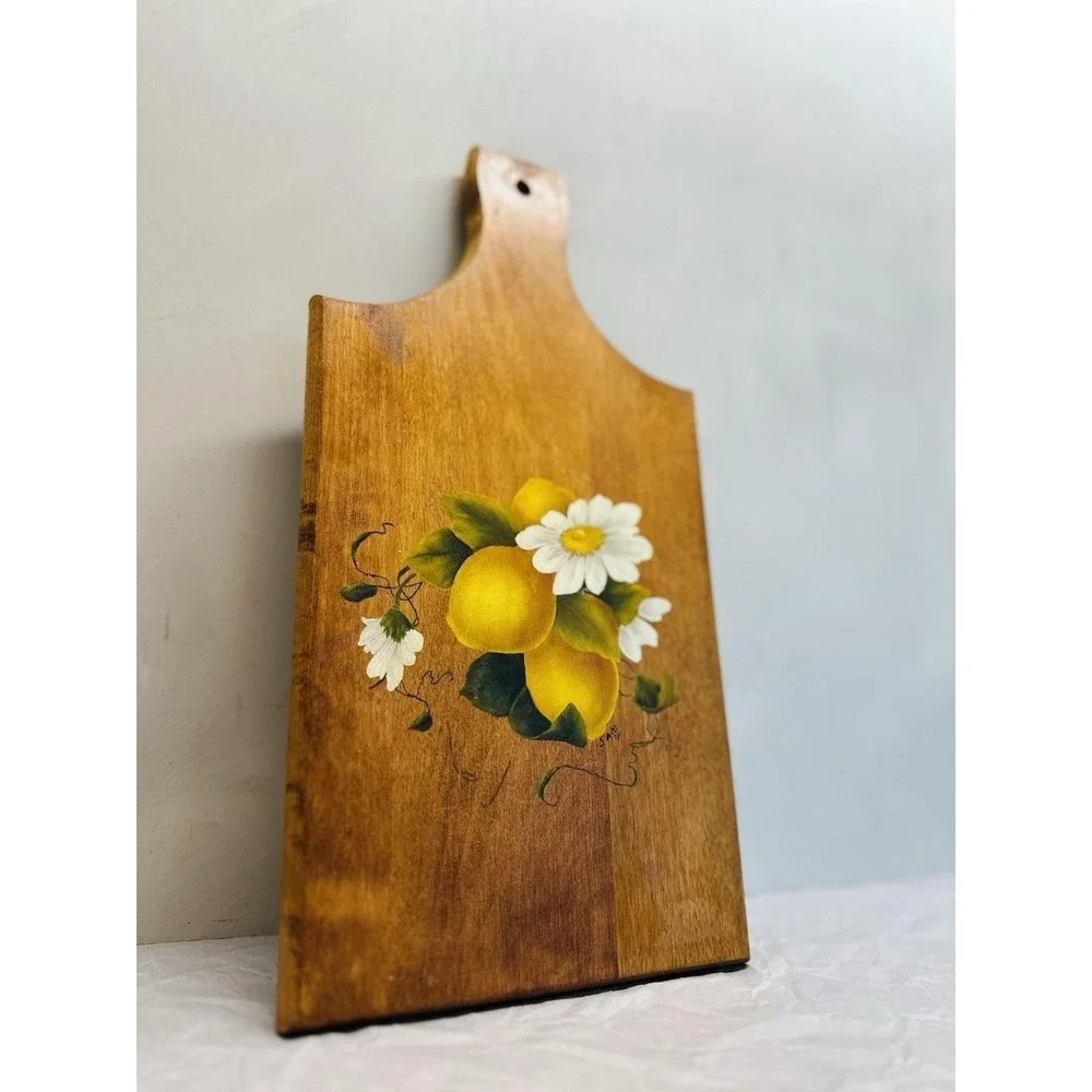 VTG Hand Painted Floral Lemons Wooden Cutting Board Home Decor Cottagecore
